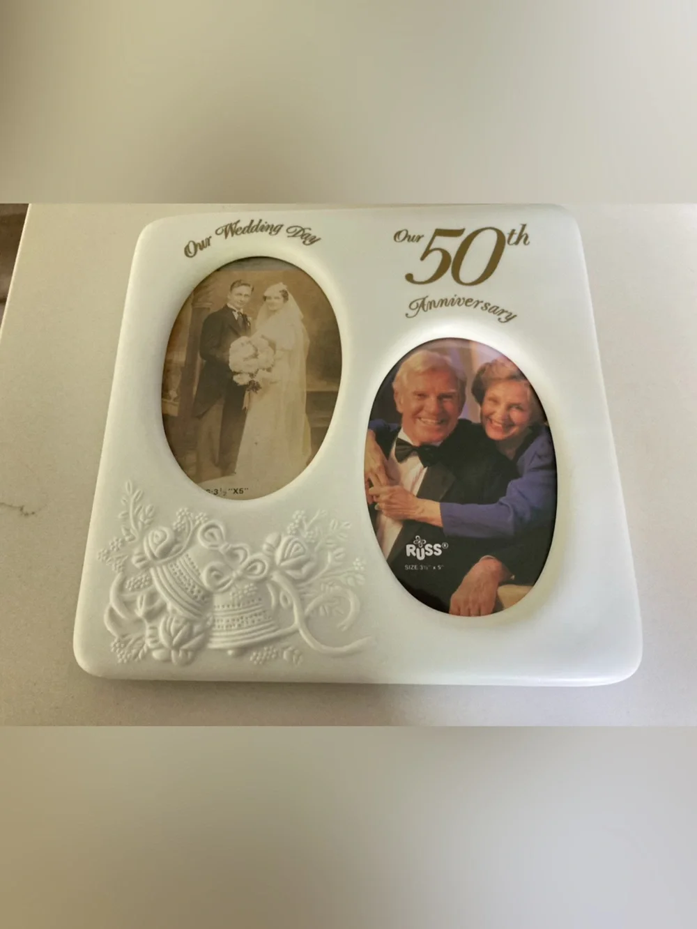 white ceramic Russ 50th anniversary tabletop 2 picture frame floral gold accent